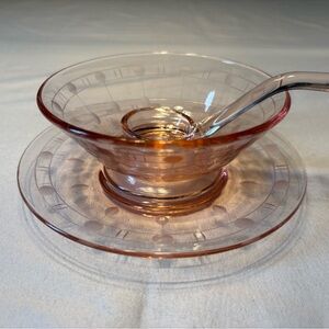 Pink Depression Glass Sauce Bowl with Matching Saucer and Ladle